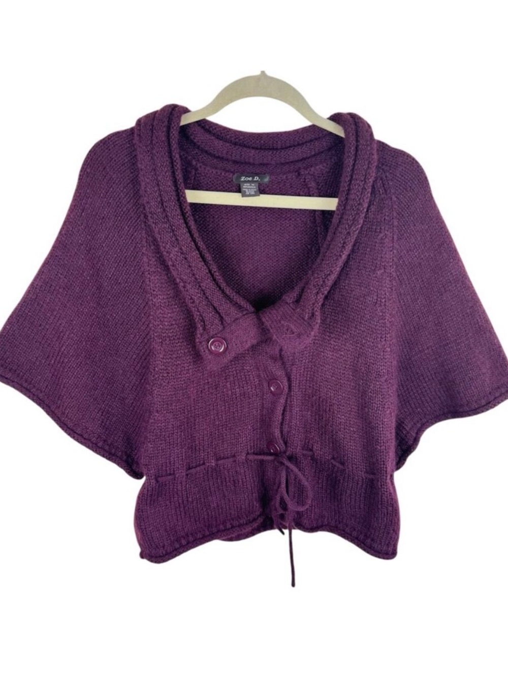 Zoe D. Purple Wine Plum Half Sleeve Button Front‎ Knit Sweater Poncho Size M
